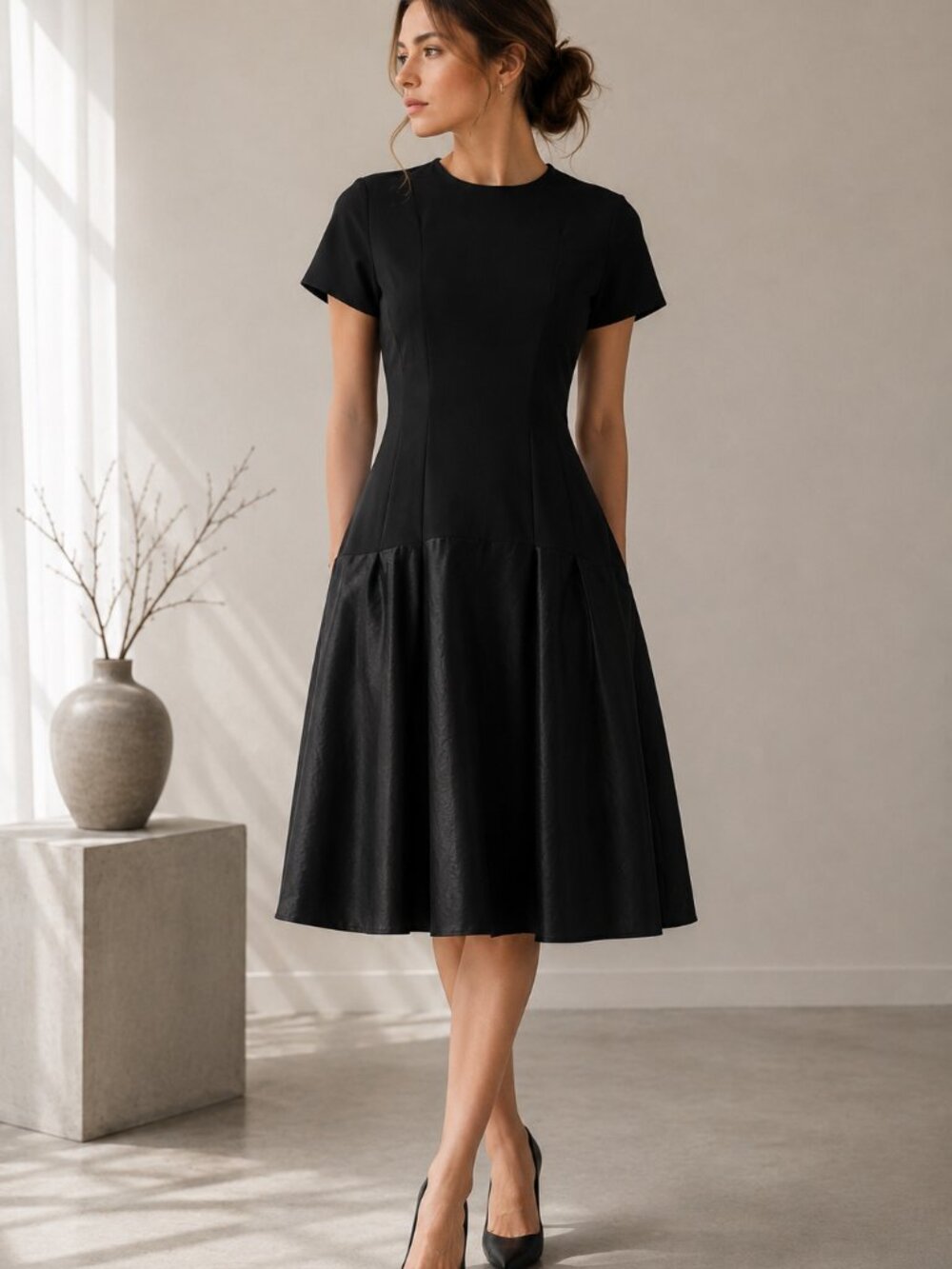 Paule Ka Paris Black Mixed Texture Fit & Flare Dress FR 40 US 8